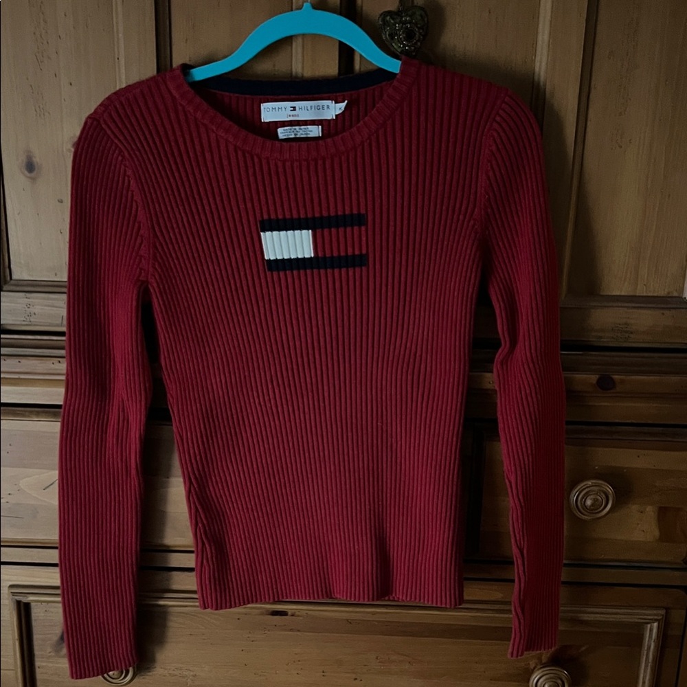 Tommy Hilfiger red Ribbed Long Sleeve Top with Flag Patch